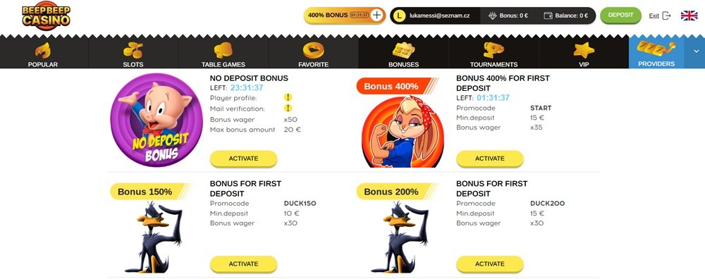 No deposit bonus v Beep Beep Casino