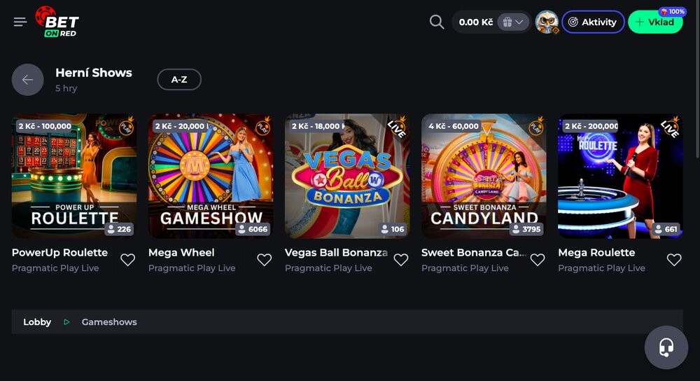 BetOnRed nabídka Game Shows jaro 2025