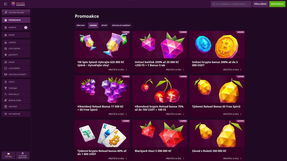 Náhled bonusů a promoakcí s free spiny v online casinu Malina Casino