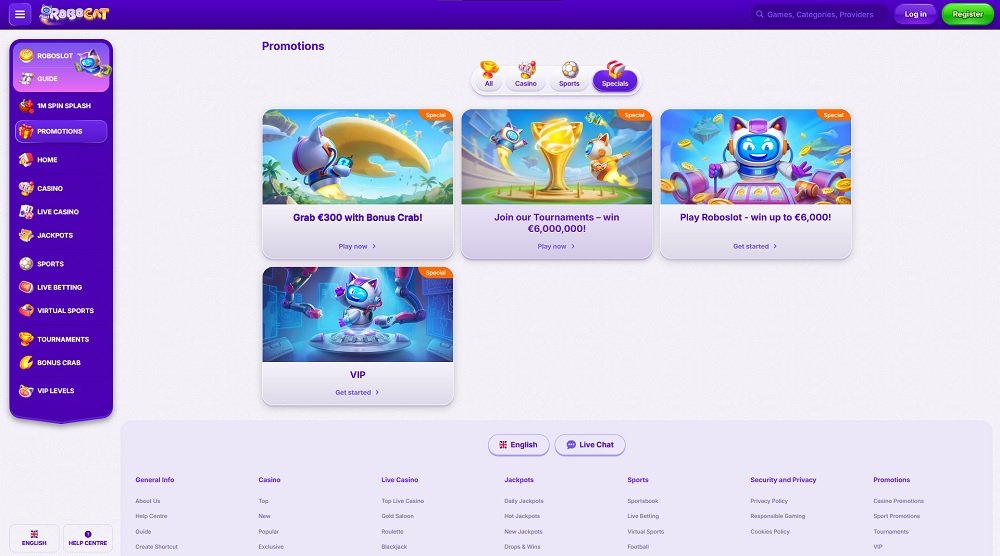 Preview of special promotions at the Robocat online casino