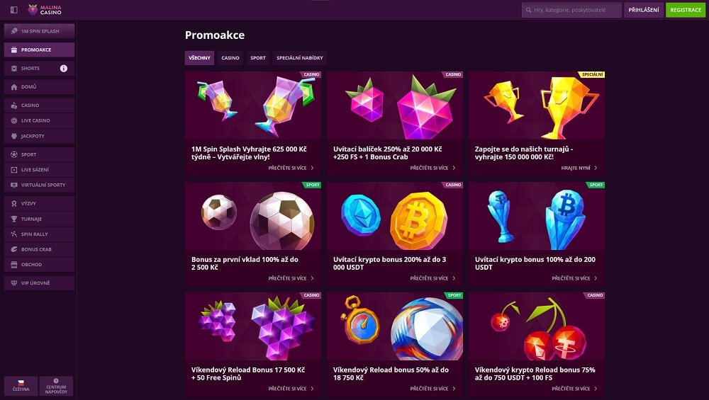Náhled bonusů a promoakcí v online casinu a sázkové kanceláři Malina Casino