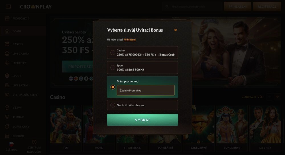 CrownPlay registrace s promo kódem