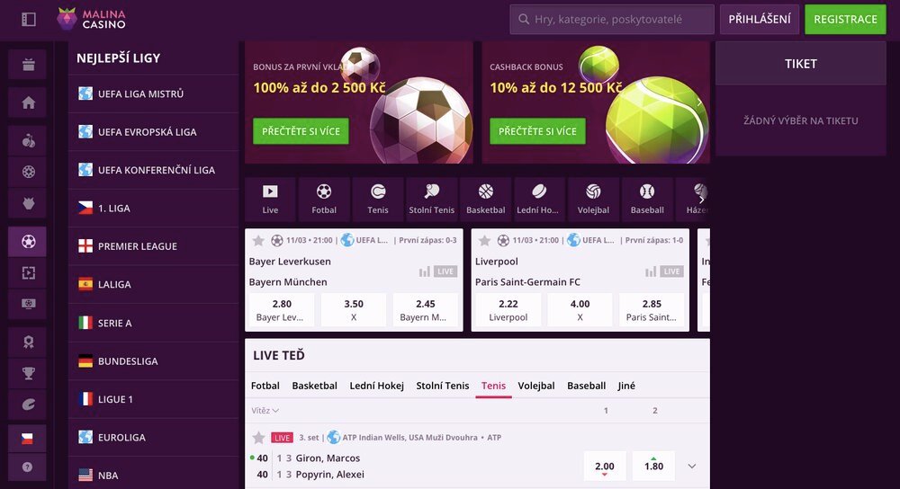 Oferta de cuotas y bono de bienvenida en la casa de apuestas Malina Casino