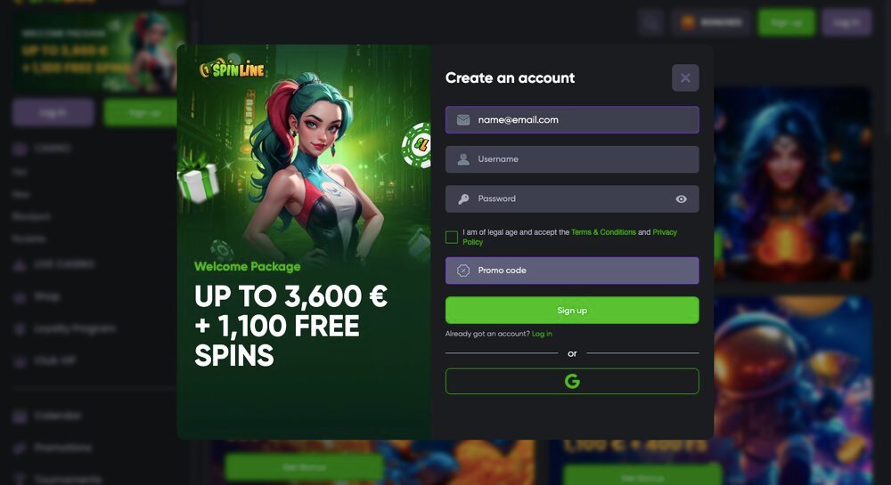 Registrace v casinu Spinline s promo kódem