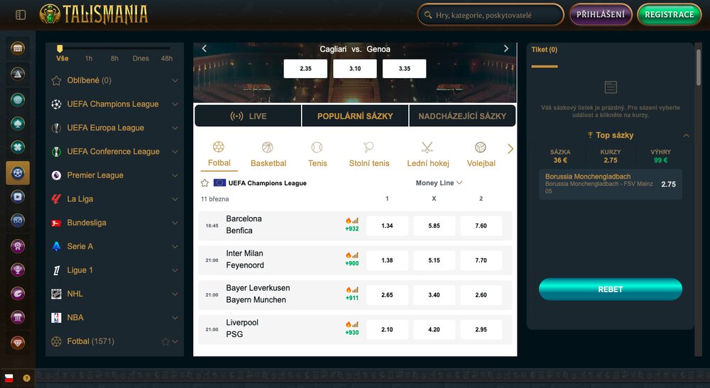 Mercados de apuestas en la casa de apuestas Talismania