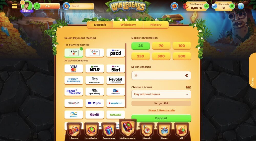 WinLegends možnosti vkladu