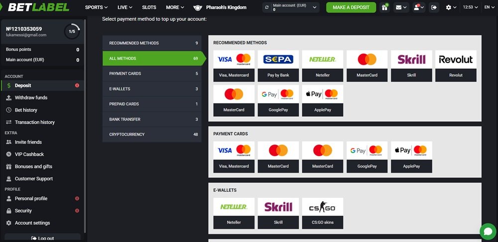 BetLabel vklad a výběr peněz