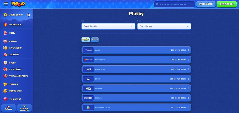 Pistolo – vklad a výběr peněz