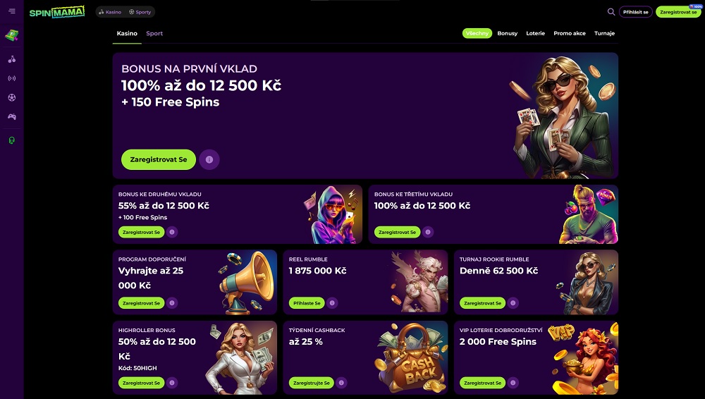 Náhled štědrých bonusů a promo akcí v online casinu a sázkové kanceláři Spinmama