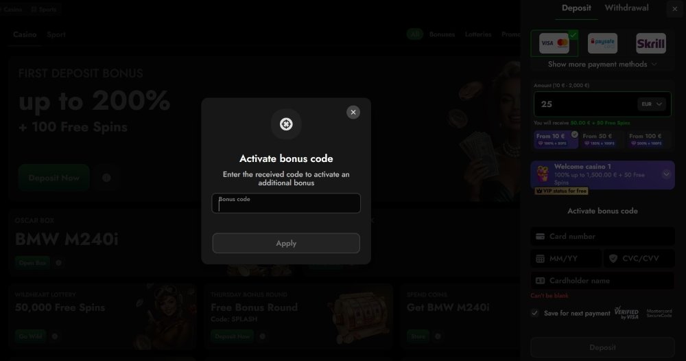 Oscarspin online casino offers generous bonuses both with a promo code and without it