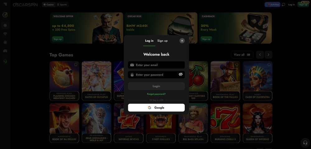 Oscarspin casino login form