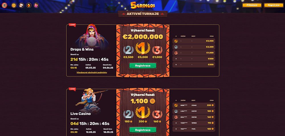 Aktuální turnaje v casinu 5Gringos [květen 2025]