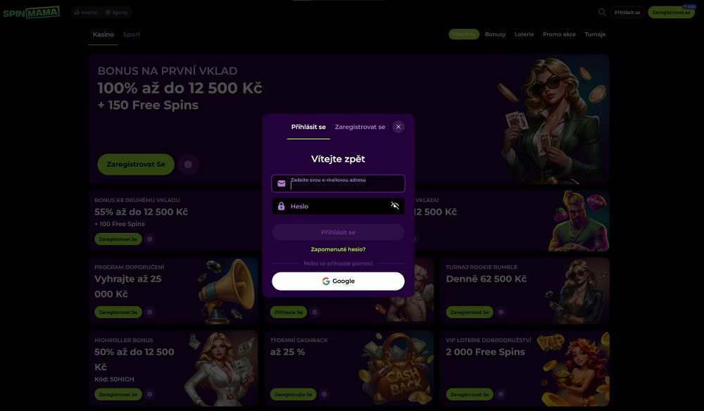 Vista del formulario de inicio de sesión en el casino online Spinmama