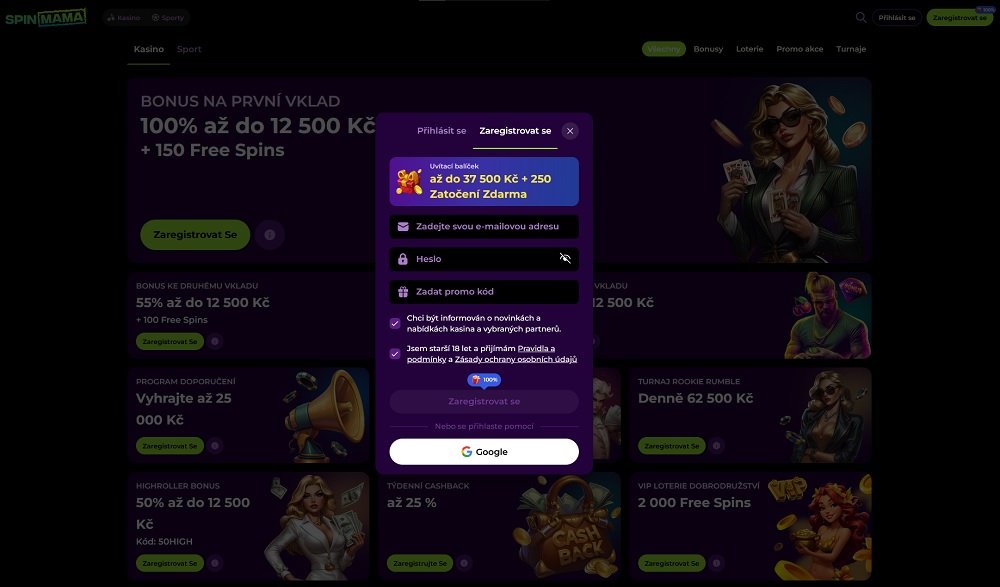 Náhled registračního formuláře s vysokým uvítacím bonusem v online casinu Spinmama