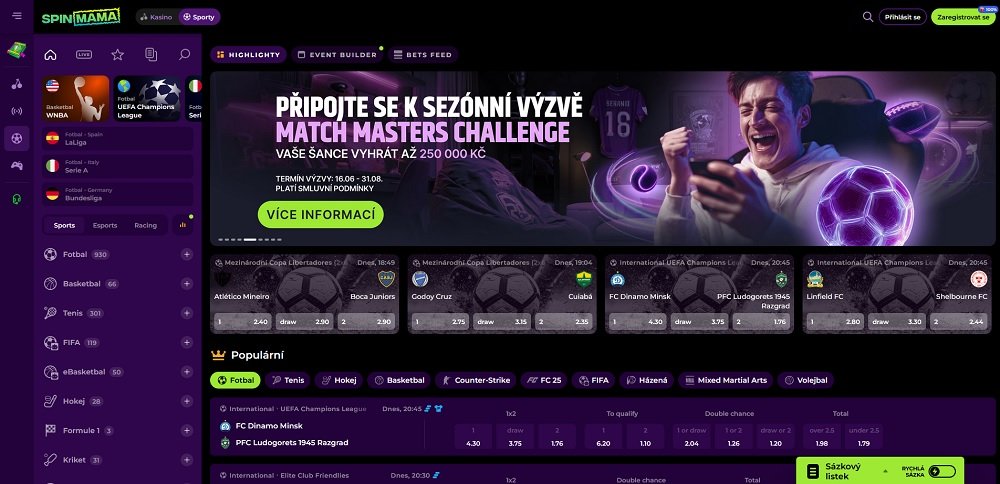 Náhled sázkové kanceláře Spinmama s širokým výběrem sportů a událostí k sázení