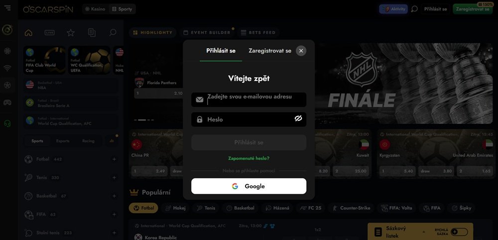Náhled přihlašovacího formuláře v online casinu a sázkové kanceláři Oscarspin