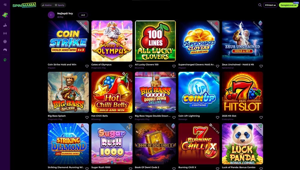 Náhled bohaté herní knihovny výherních automatů v online casinu Spinmama