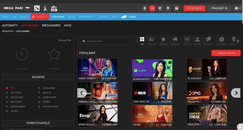 Megapari nabídka live casina