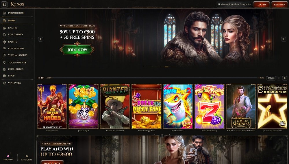 Preview of the Kyngs online casino landing page with rich selection of games and exciting bonuses
