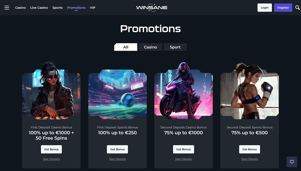 Preview of bonuses and promotions at Winsane casino