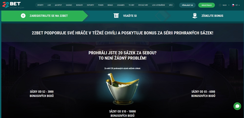 Náhled bonusů a promoakcí s cashback systémem v online casinu a sázkové kanceláři 22BET
