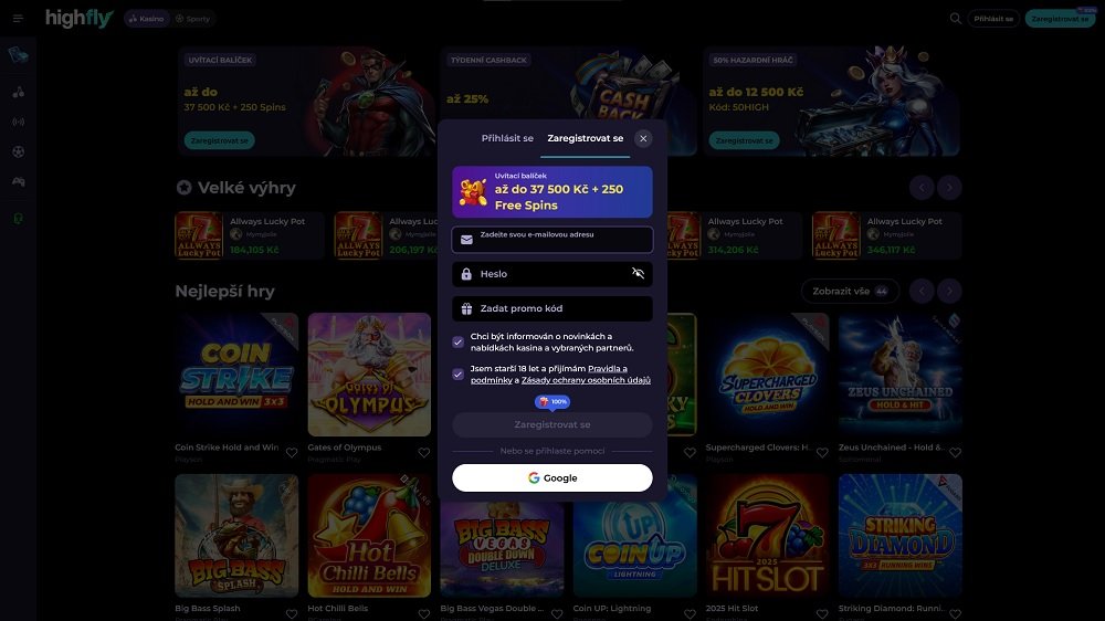 Náhled registračního fomuláře v online casinu a sázkové kanceláři HighFlyBet s vysokým uvítacím bonusem