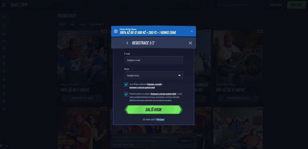 Náhled registračního formuláře online casina a sázkové kanceláře VegasHero