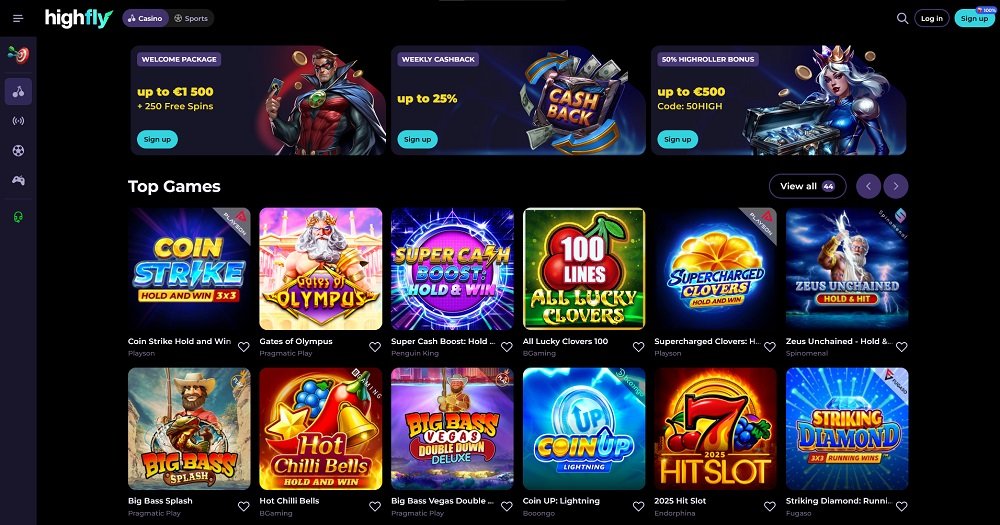 Preview of the HighFlyBet online casino landing page with generous welcome bonus for new players and exciting library of games