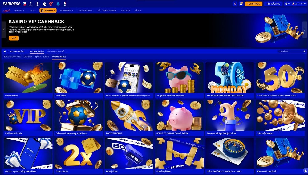 Náhled bonusů a promoakcí s cashback systémem v online casinu a sázkové kanceláři PariPesa