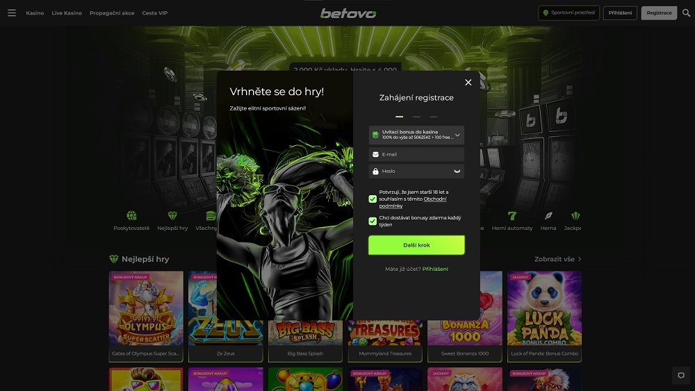 Náhled registračního formuláře s vysokým uvítacím bonusem v online casinu Betovo