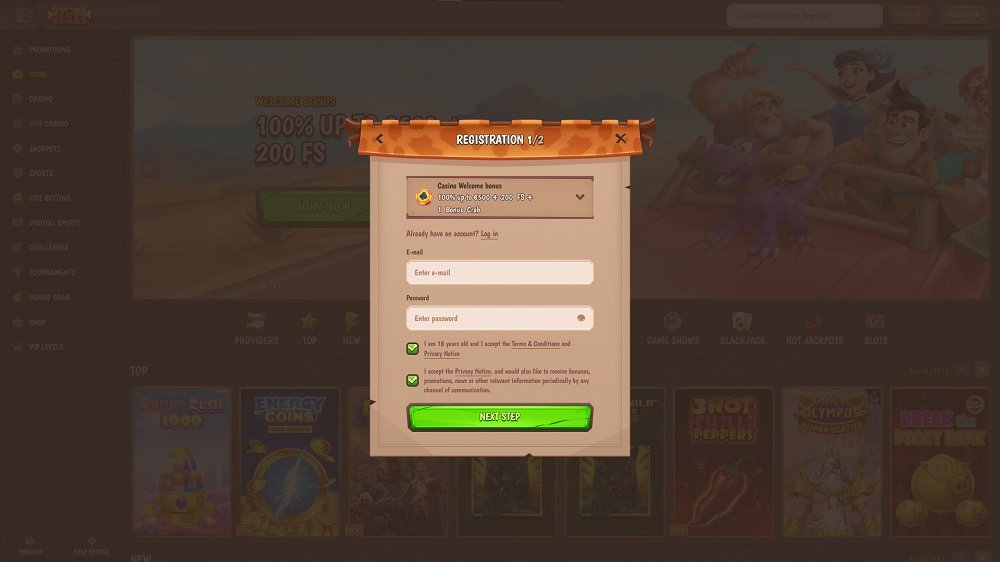 Preview of registration form with generous casino welcome bonus in Stone Vegas casino
