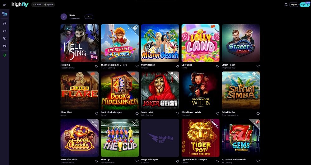 Preview of the packed game library at HighFlyBet online casino