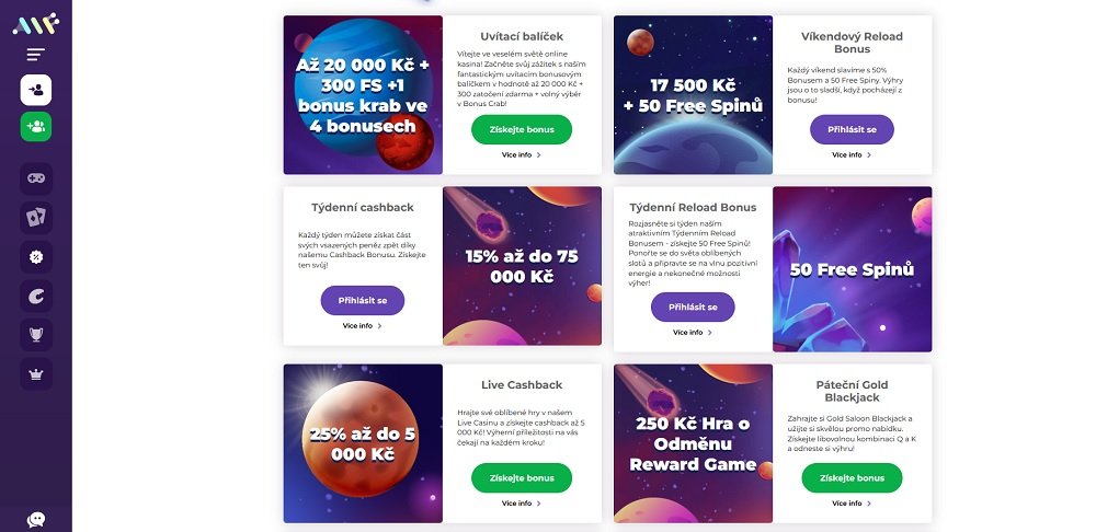Náhled nabídky bonusů a promoakcí v online casinu AlfCasino
