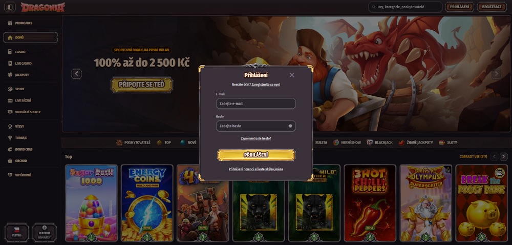 Náhled přihlašovacího formuláře v online casinu a sázkové kanceláři Dragonia