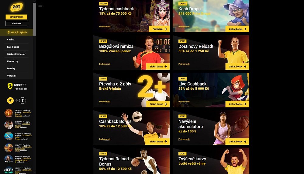 Náhled bonusů a promoakcí s cashback systémem v online casinu a sázkové kanceláři ZetCasino