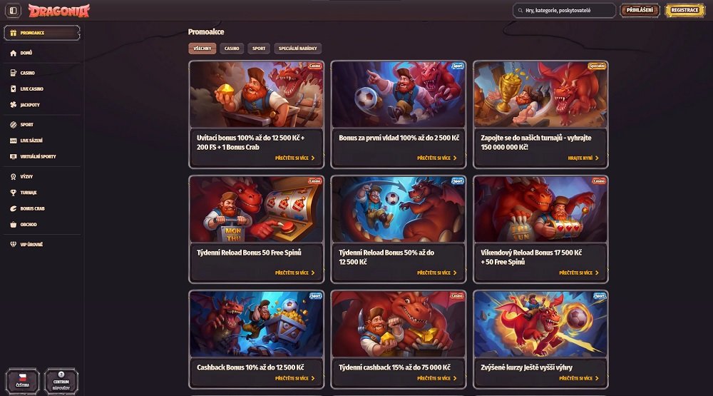 Náhled štědré nabídky bonusů a promoakcí v online casinu a sázkové kanceláři Dragonia