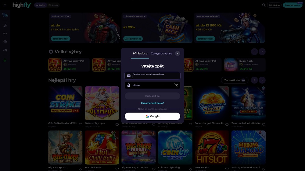 Vista previa del formulario de inicio de sesión en el casino online y la casa de apuestas HighFlyBet