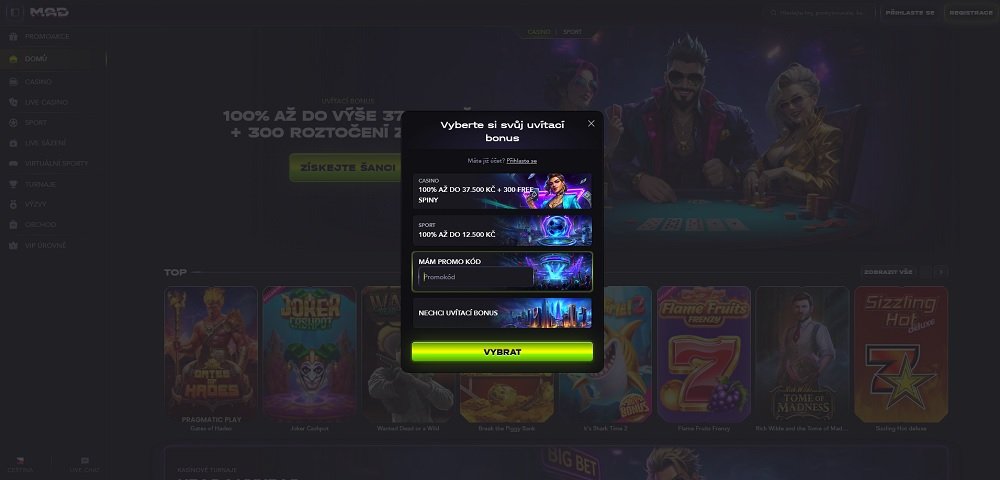 Náhled registračního formuláře v online casinu MadCasino s uvítacím bonusem a možností promokódu