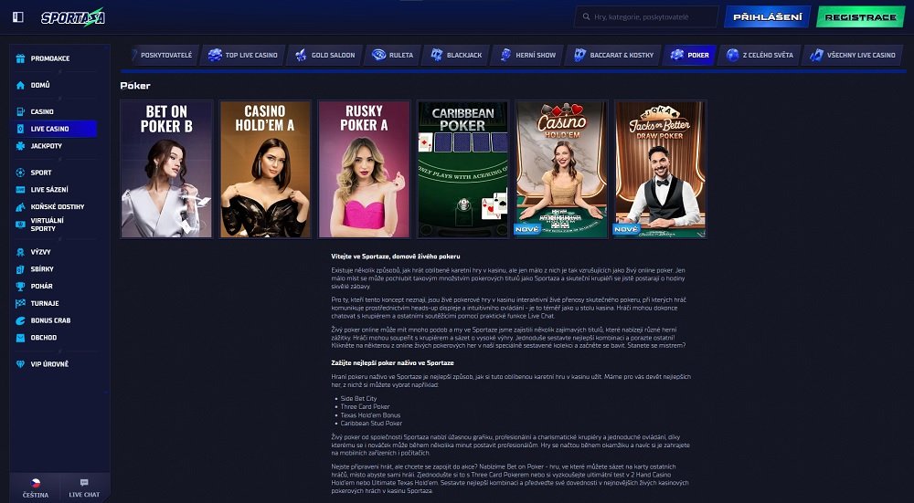 Náhled poker her s živým dealerem v live casinu Sportaza