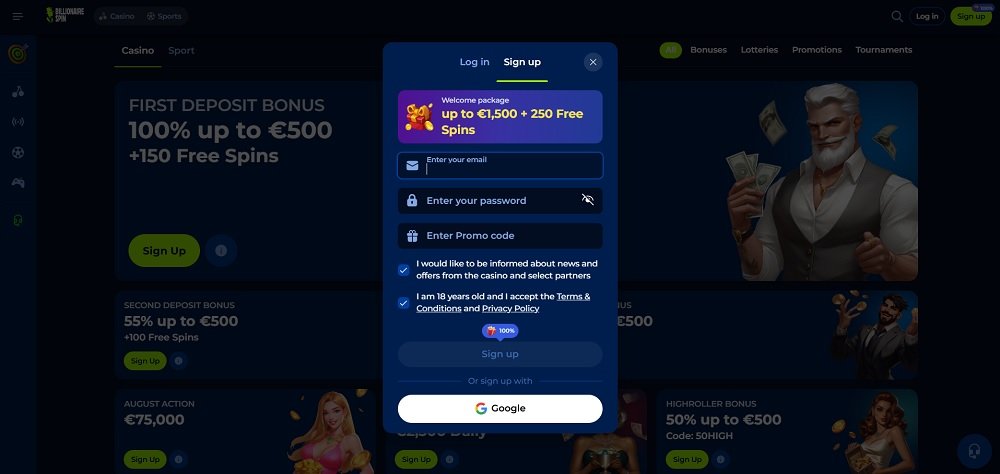 Billionairespin registration view
