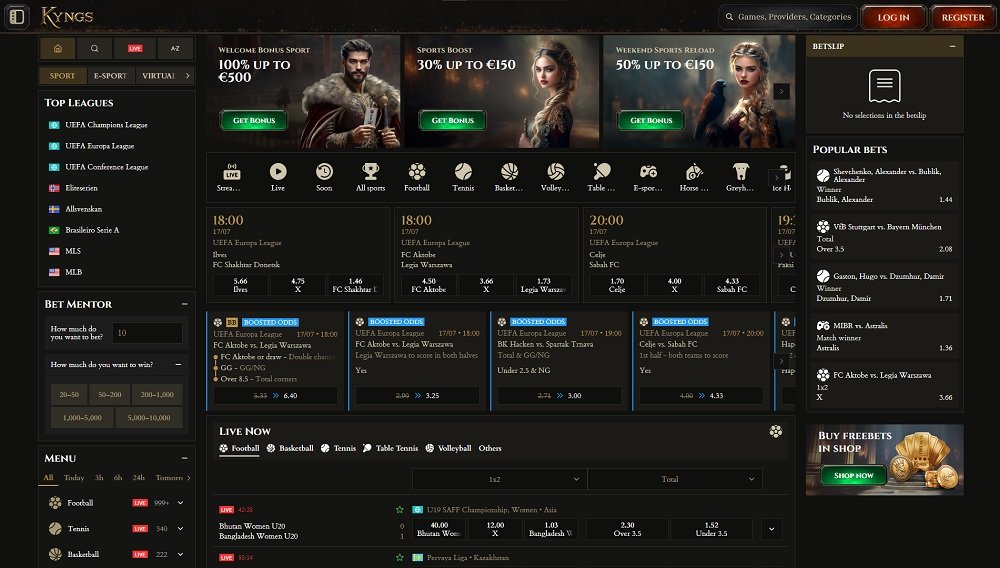 Overview of the Kyngs bookmaker platform with thousands of betting markets and attractive bonuses