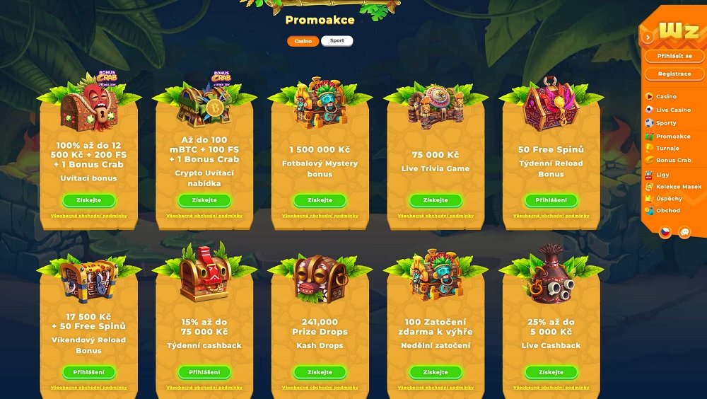Náhled nabídky bonusů a promoakcí s free spins v online casinu Wazamba