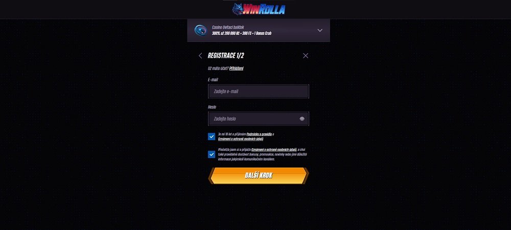 Náhled registračního fomuláře v online casinu a sázkové kanceláři Win Rolla s vysokým uvítacím bonusem 