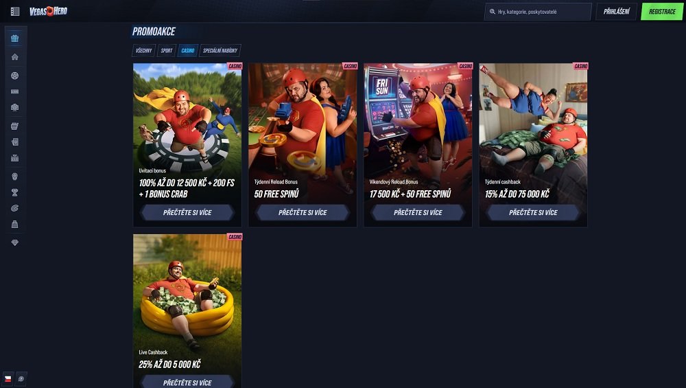 Náhled bonusů a promoakcí s free spins v online casinu VegasHero