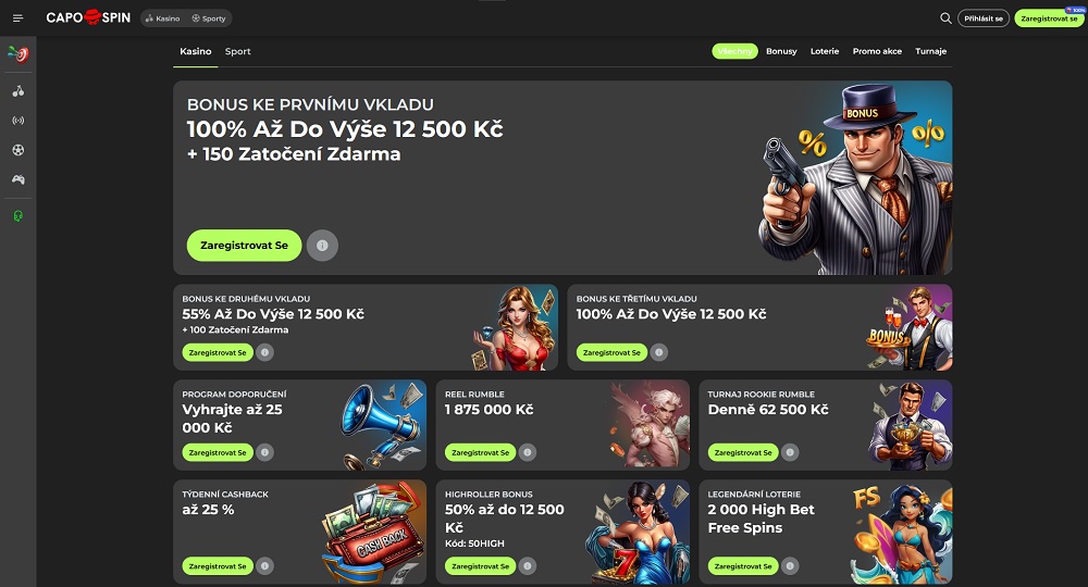 Náhled bonusů a promoakcí v online casinu a sázkové kanceláři Capospin