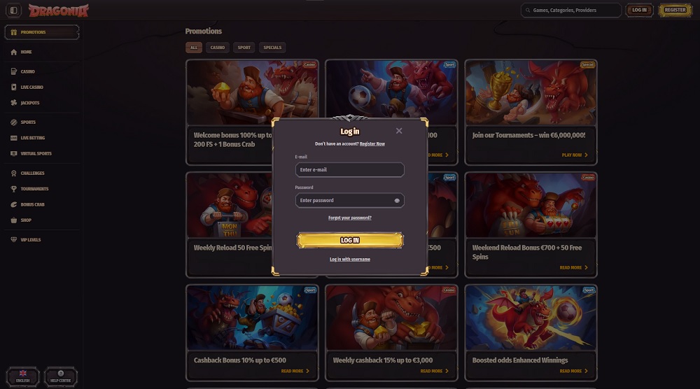 Preview of the login form at Dragonia online casino and bookmaker