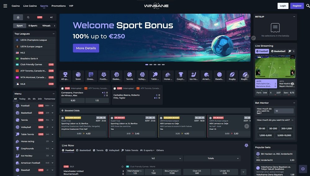 Preview of the Winsane bookmaker platform with hundreds of sport events to bet on every single day