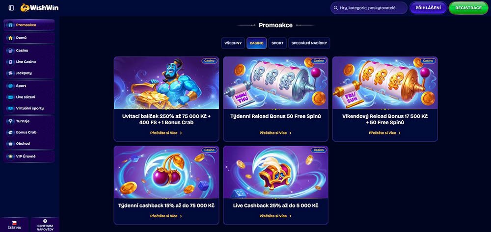 Náhled bonusů a promoakcí v online casinu WishWin