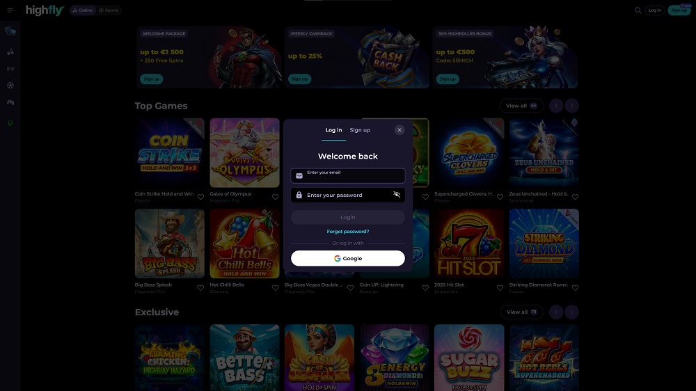 Preview of the login form at HighFlyBet online casino and bookmaker