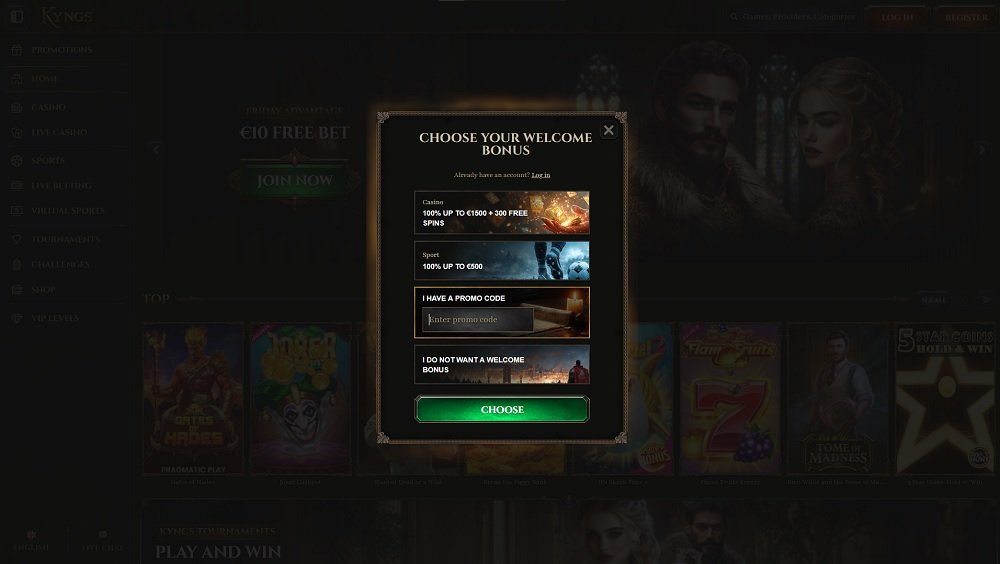 Preview of the registration form with a promo code field at Kyngs online casino and bookmaker